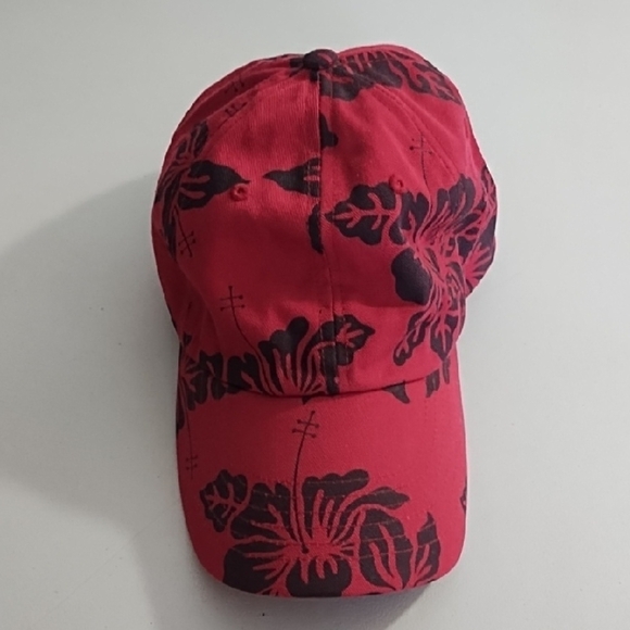 Red & Navy Tropical Print Hat with Curved Brim Cotton Adjustable - Picture 2 of 11